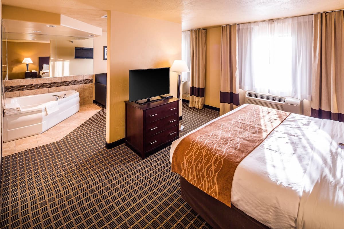 Habitación de hotel con una cama grande, televisor de pantalla plana, bañera, escritorio con lámpara y ventana con cortinas.