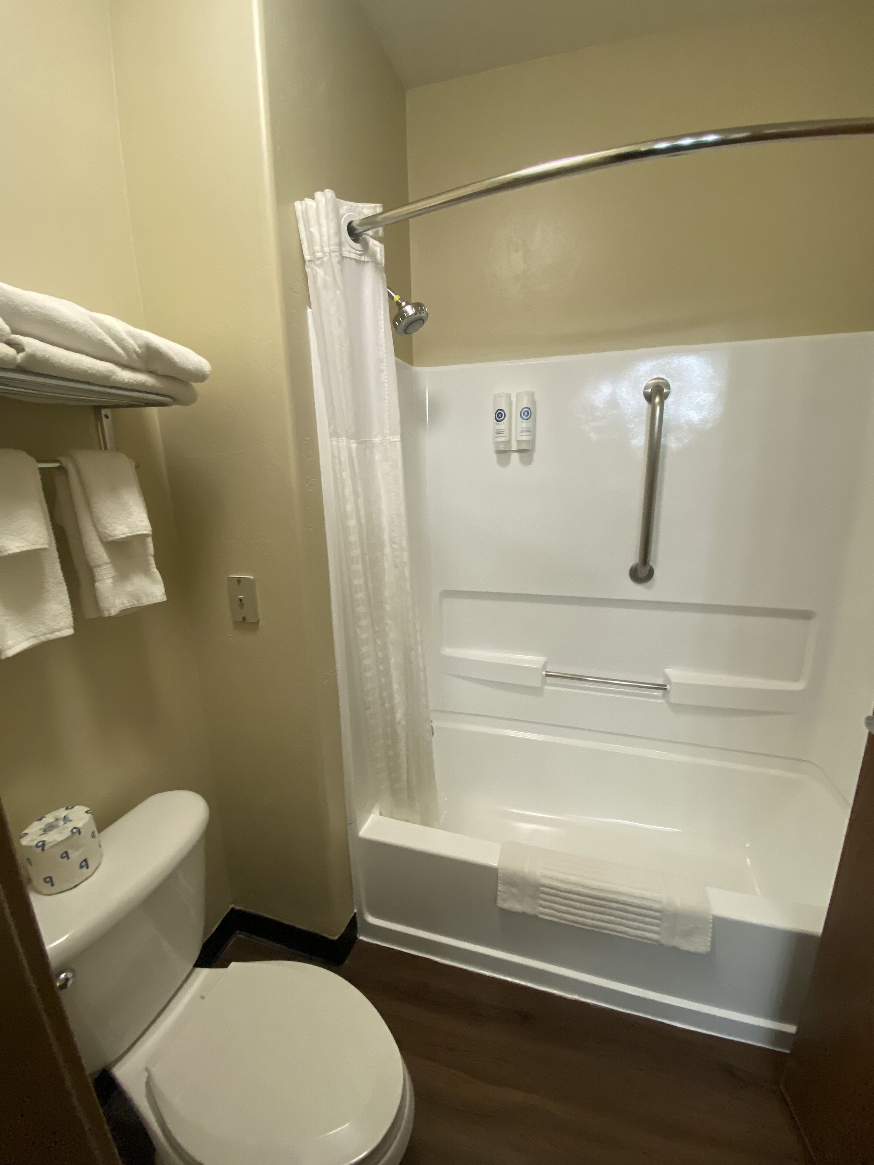 A bathroom with a toilet, a bathtub, and a shower curtain.