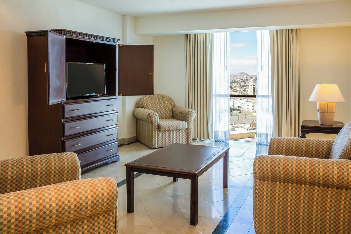 A hotel room with a TV, a sofa, a chair, a table, and a view of the city.