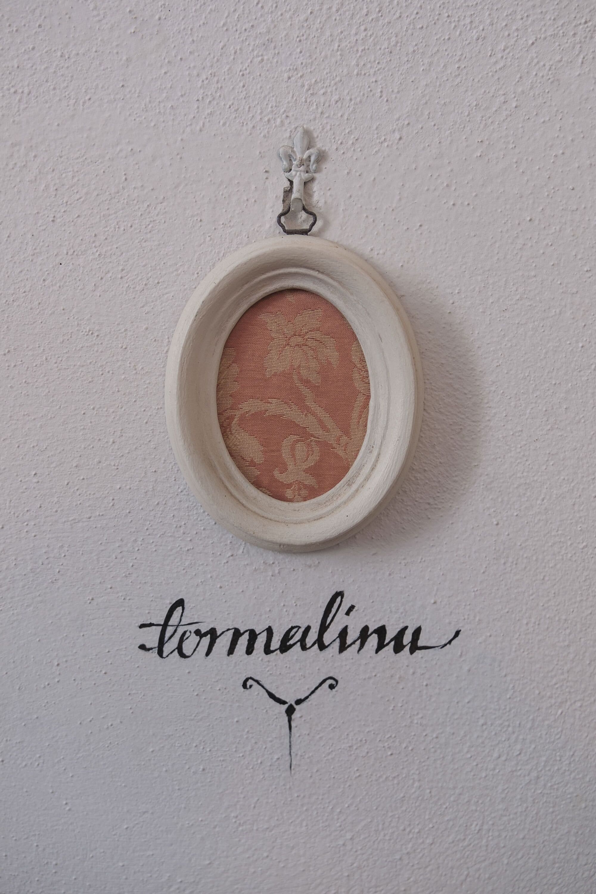 A framed picture with a floral pattern and the word "formalina" below it.