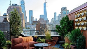 Une terrasse sur le toit, aménagée avec un canapé, des chaises et des plantes en pot, d’où l’on peut admirer la vue sur les toits de la ville.