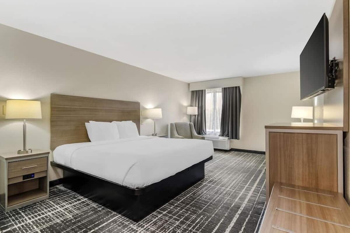A hotel room with a large bed, bedside tables, a flat-screen TV, and a window with curtains.