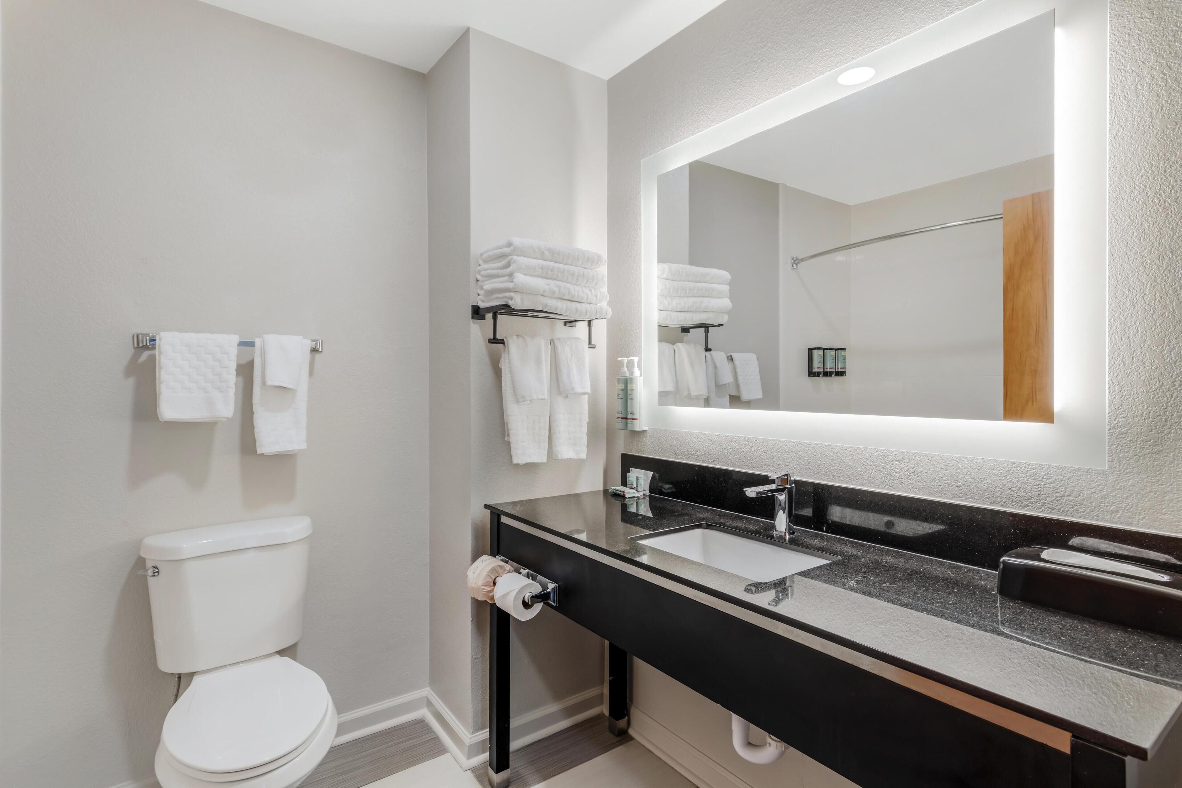 suite, 1 king bed, non smoking, refrigerator & microwave | bathroom | free toiletries, hair dryer, towels