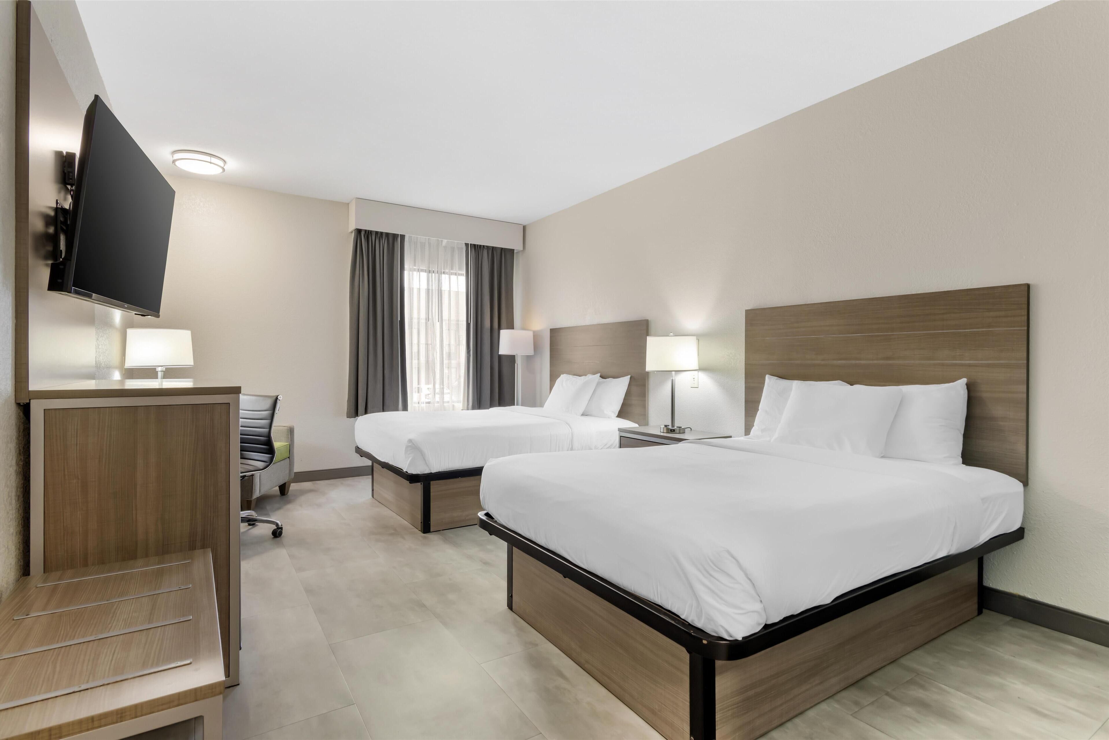 standard room, 2 queen beds, accessible, non smoking (walk-in shower) | pillow-top beds, desk, laptop workspace, iron/ironing board