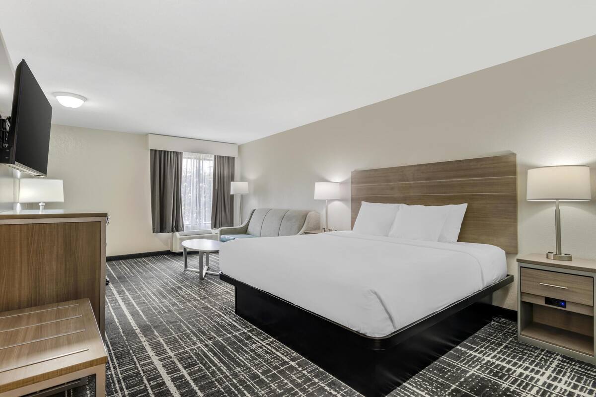 A hotel room with a large bed, bedside tables, a TV, and a window with curtains.
