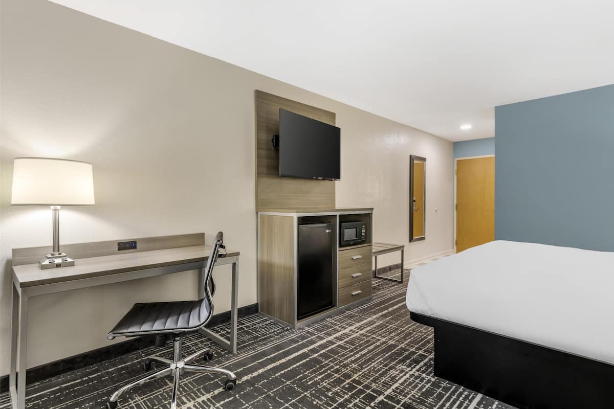 A hotel room with a bed, desk, chair, microwave, and TV.