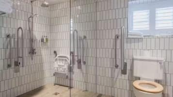 A bathroom with a shower, toilet, and a glass partition.