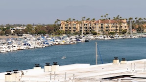 A marina with numerous boats docked, surrounded by residential buildings and palm trees. - Surf City Inn - Near Seal Beach Pier (Seal Beach)