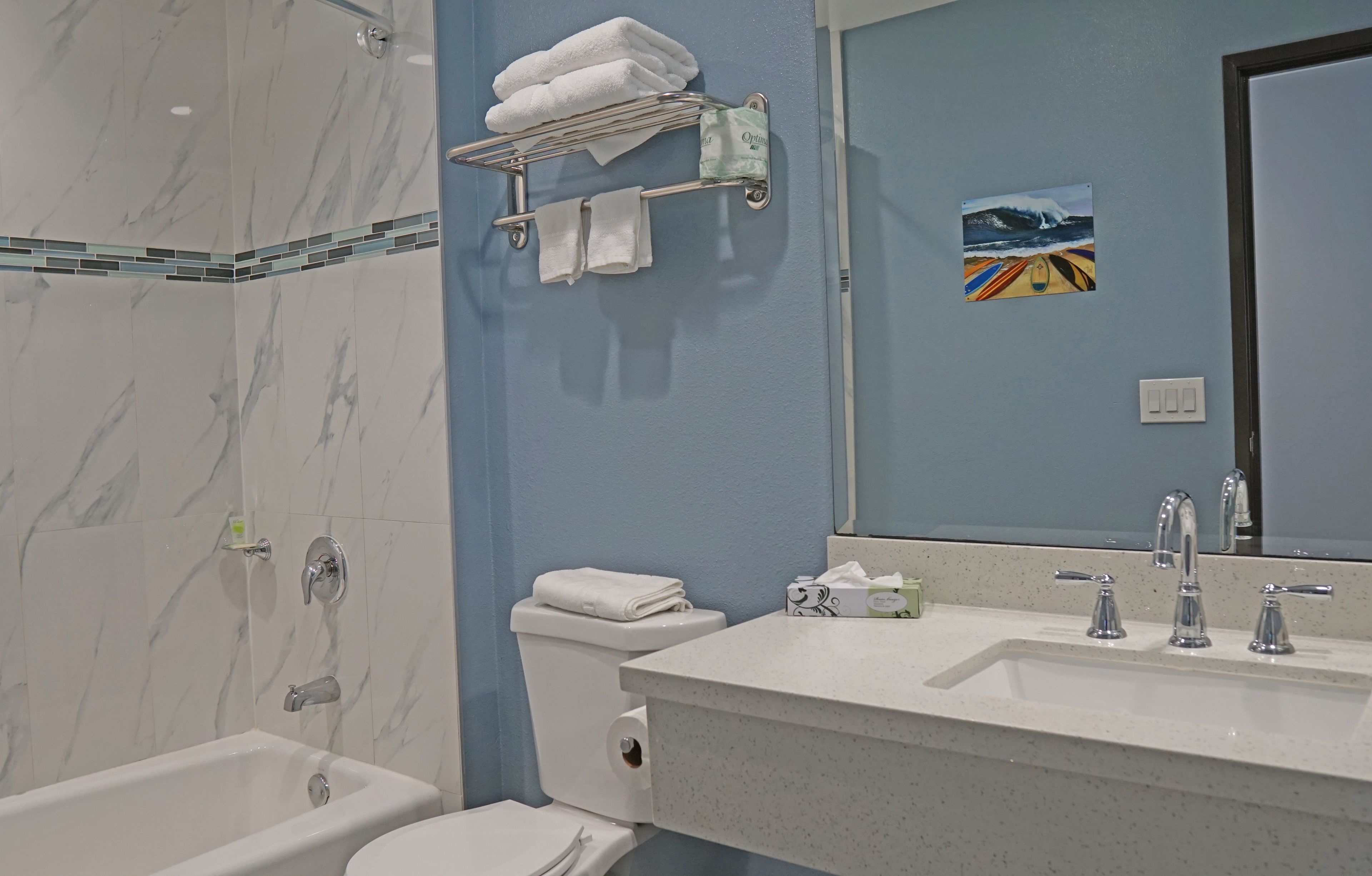 combined shower/bathtub, free toiletries, hair dryer, towels