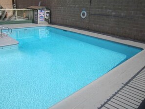 Une piscine intérieure rectangulaire, bordée de carreaux, avec une échelle en métal et une bouée de sauvetage fixée au mur.