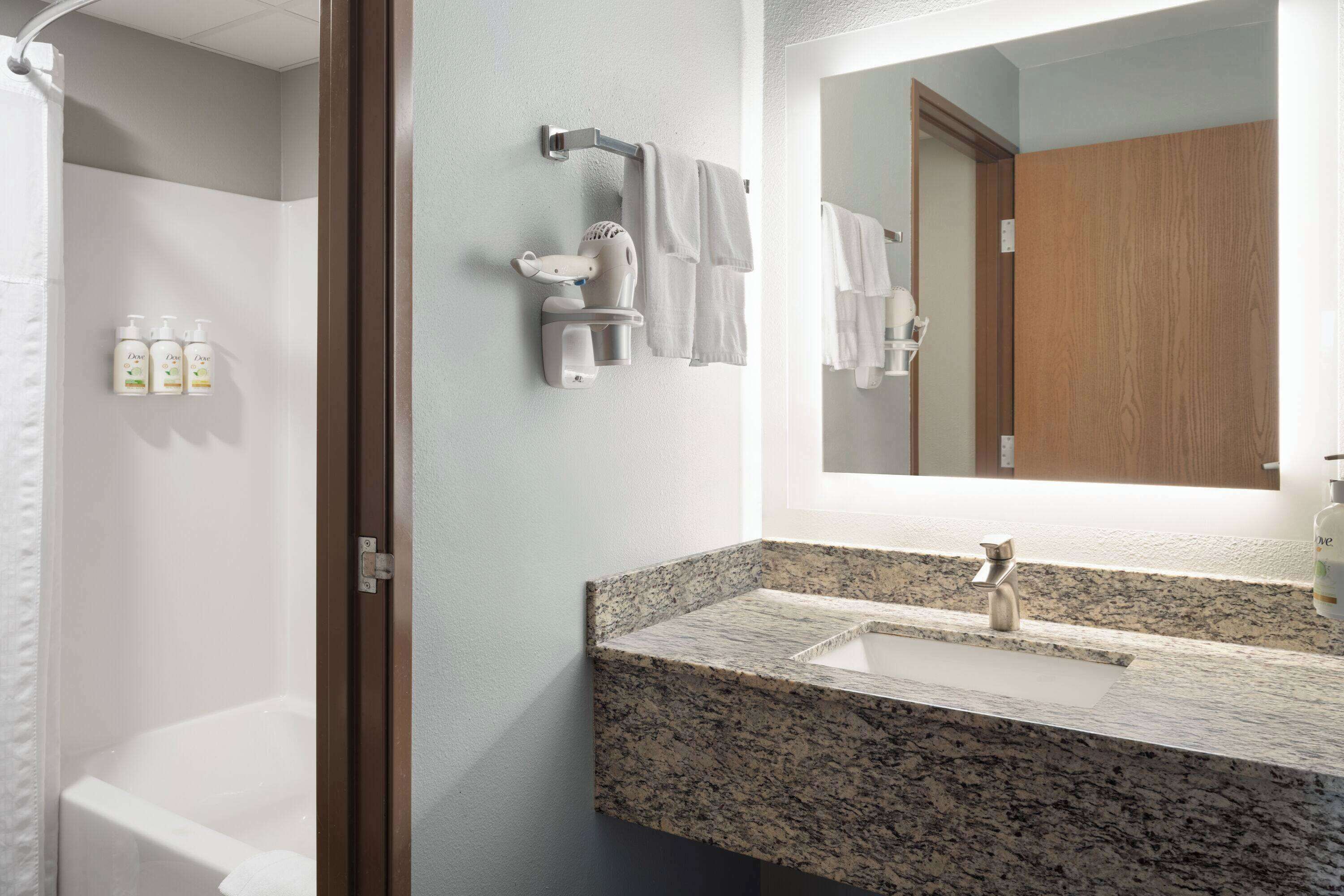 premium studio, 1 king bed, non smoking | bathroom | hair dryer, towels