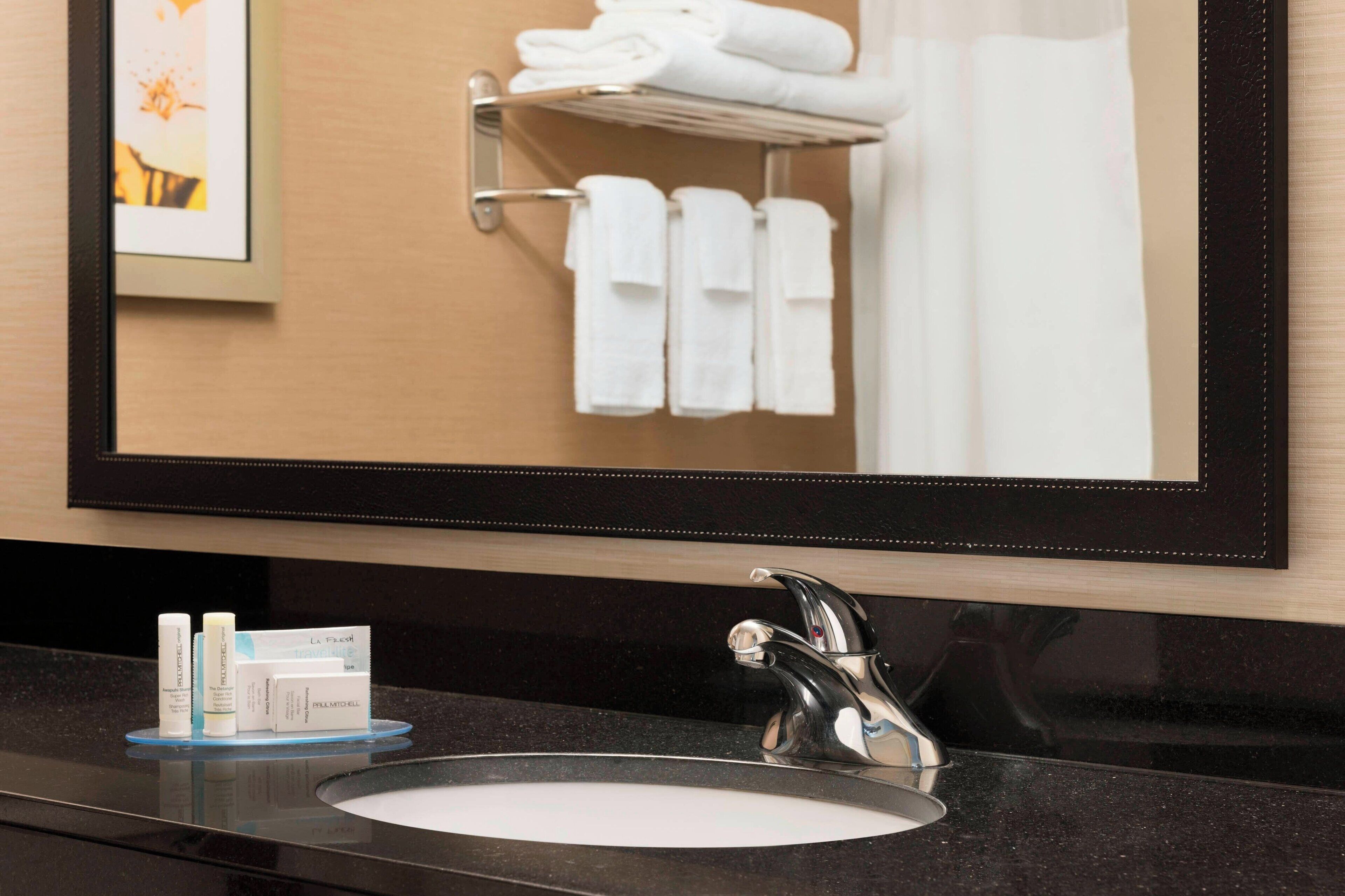 combined shower/bathtub, free toiletries, hair dryer, towels