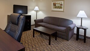 Una habitación de hotel con un sillón de cuero, un sofá a rayas, una mesita, un televisor, dos lámparas y una alfombra estampada.