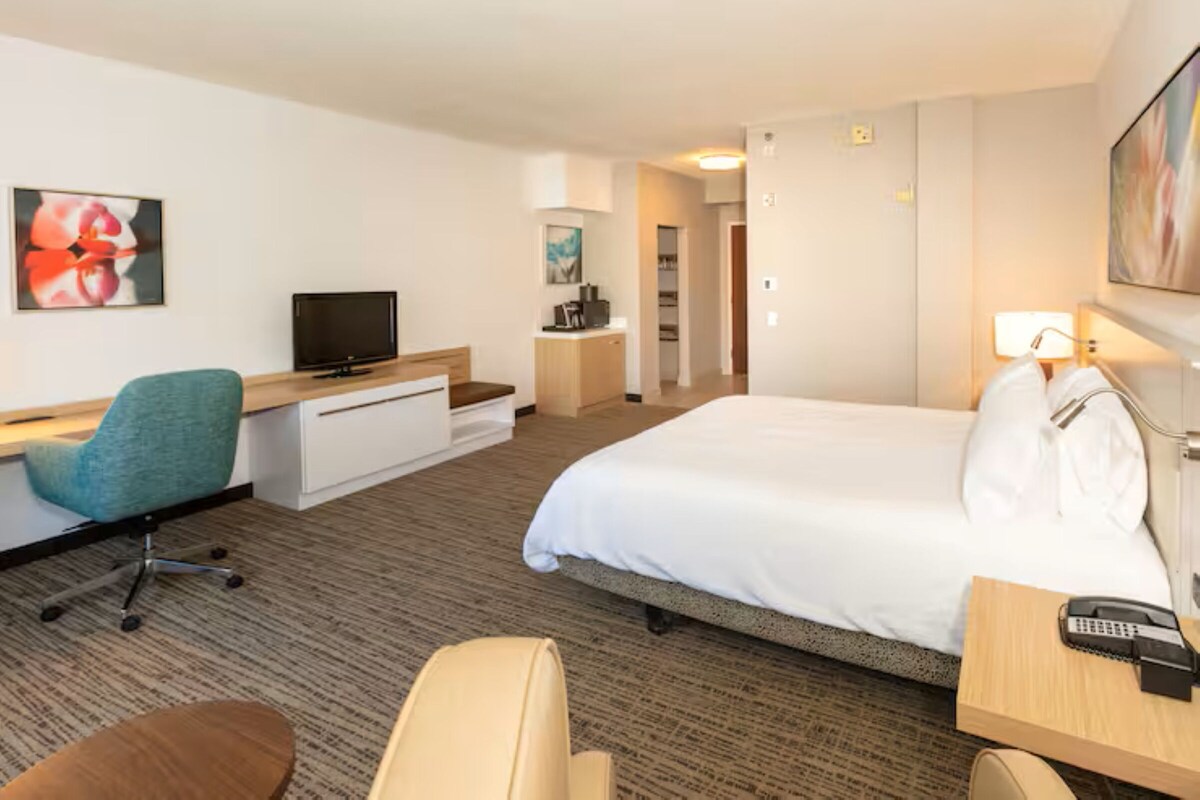 A hotel room with a bed, desk, chair, television, and a bathroom.