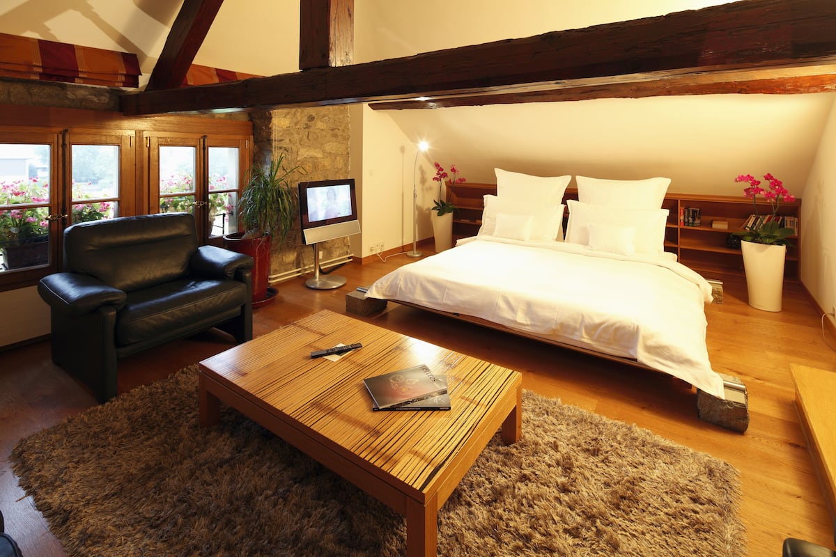 Une chambre à coucher avec un lit, une table basse en bois, un fauteuil en cuir, un téléviseur et une plante en pot.