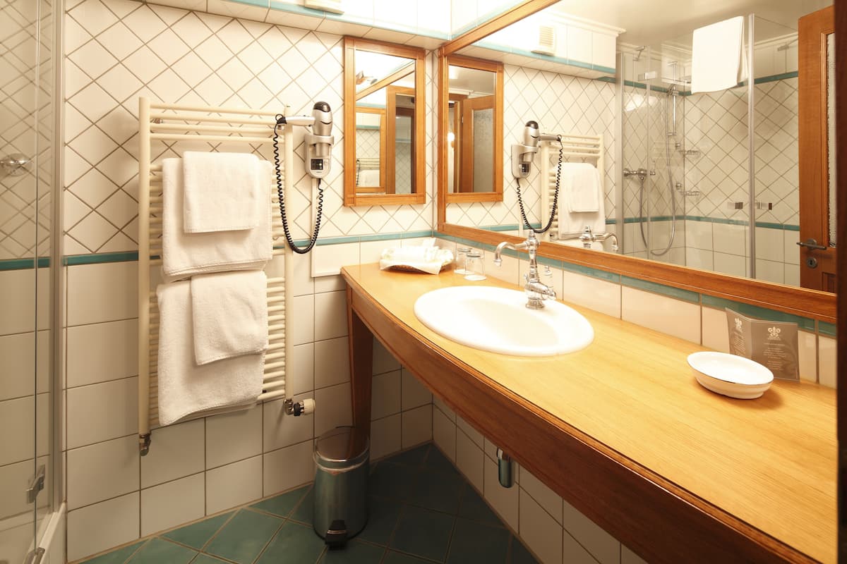 combined shower/bathtub, free toiletries, hair dryer, bathrobes