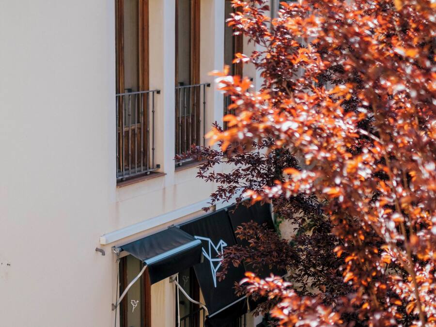 Un edificio con balcón, una ventana con baranda de metal y una puerta con toldo negro.