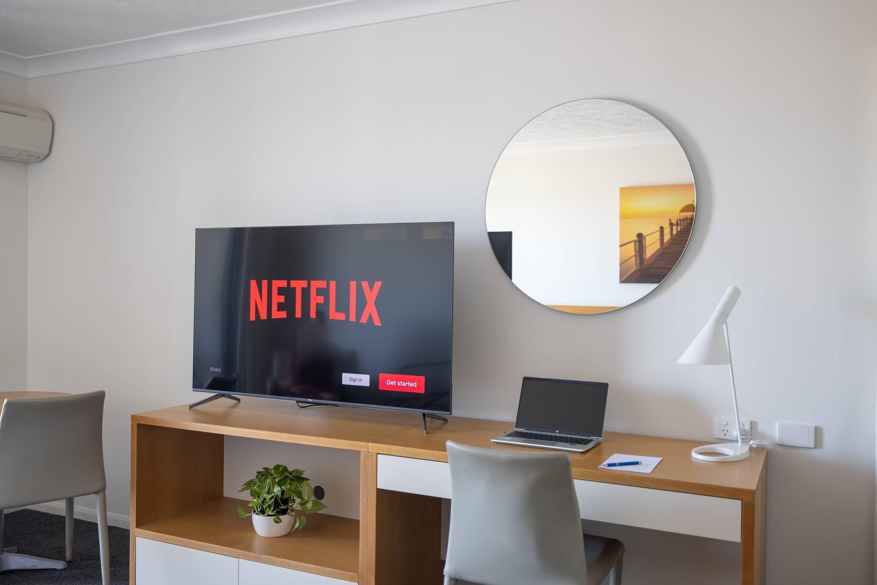 A hotel room with a wooden desk, a laptop, a TV displaying the Netflix logo, a potted plant, a mirror, and a white lamp.