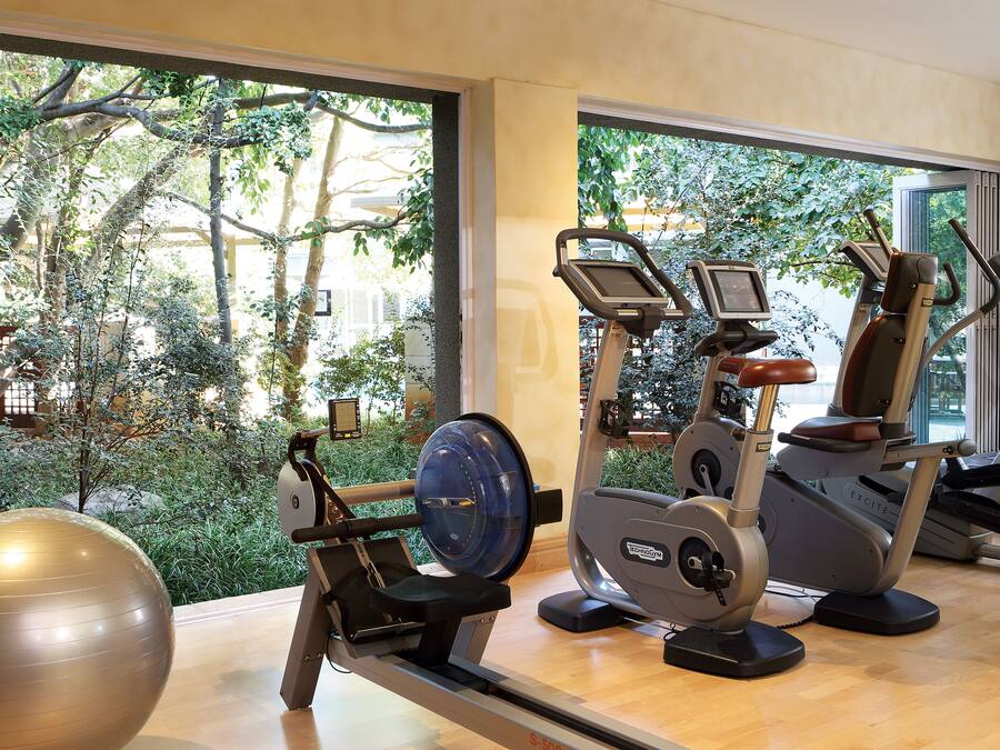 Ein Fitnessraum mit Cardiogeräten und einem großen Trainingsball, große Fenster mit Blick auf Bäume und Gebäude.
