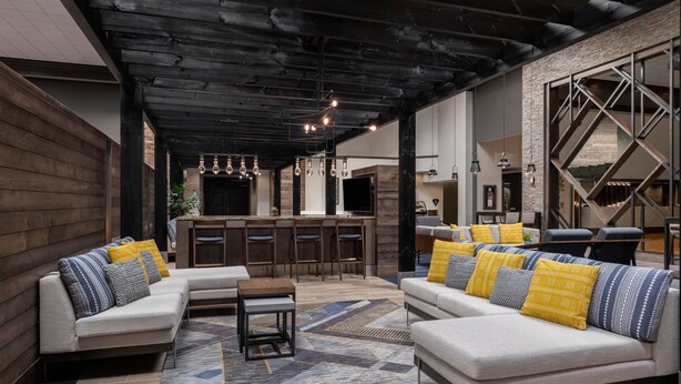 A modern lounge area with sofas, a bar, and a patterned rug. - Marriott North Austin Round Rock (Round Rock)