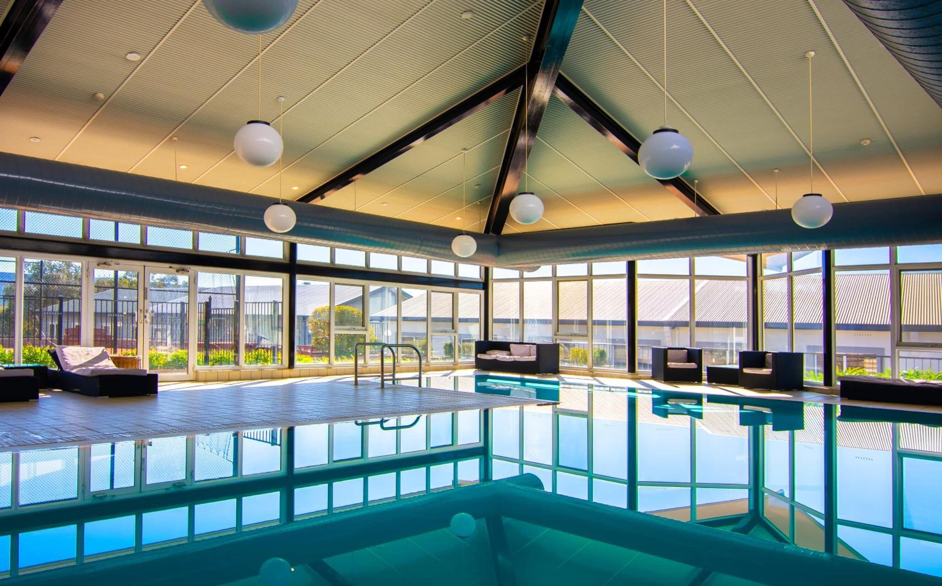 indoor pool, pool loungers