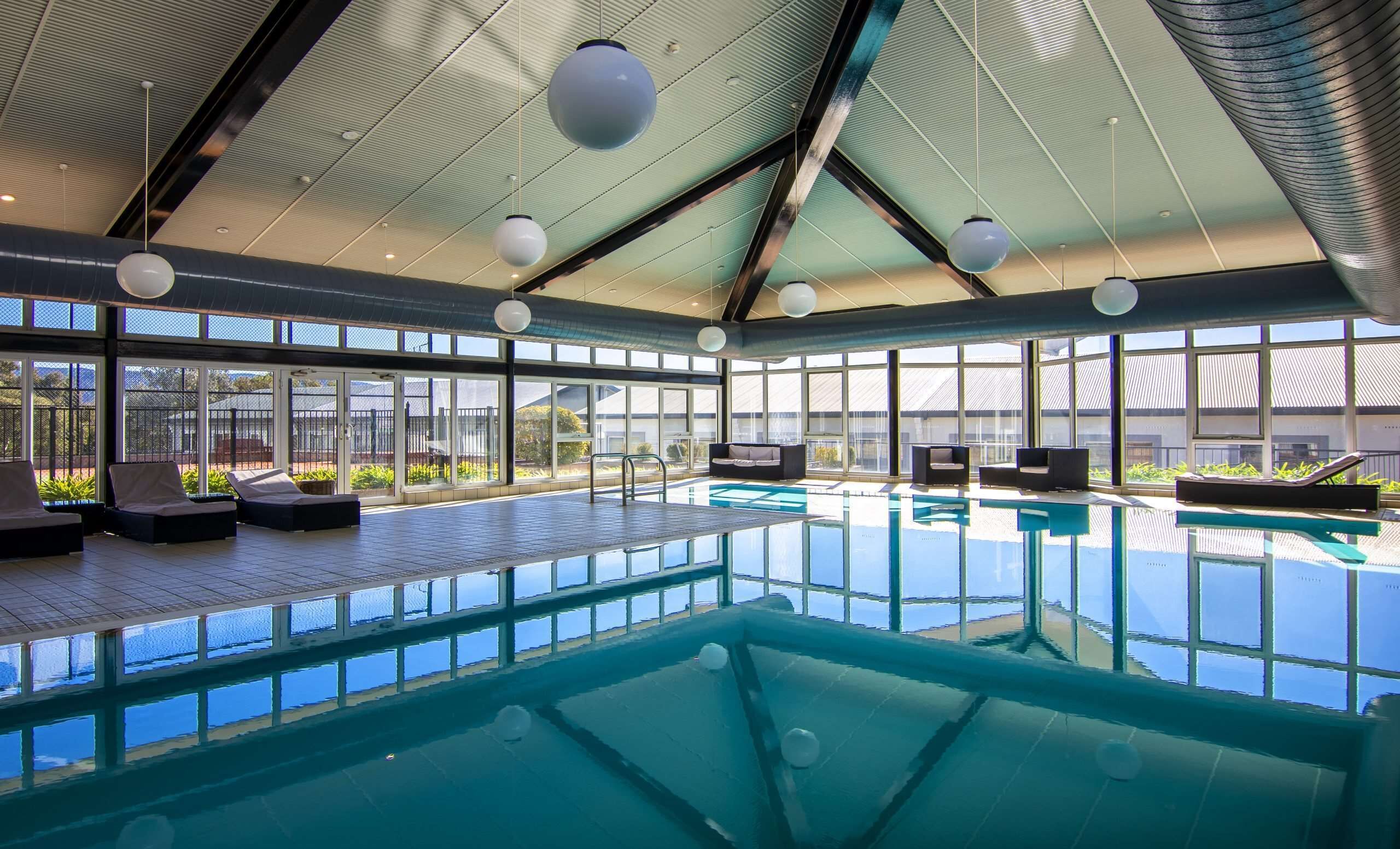 indoor pool, pool loungers
