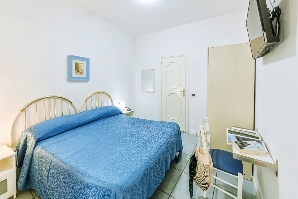 Quarto com cama, escrivaninha com cadeira, televisão e porta.
