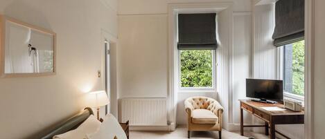 A hotel room with a bed, a chair, a desk with a TV, a radiator, and a window with a view of greenery.