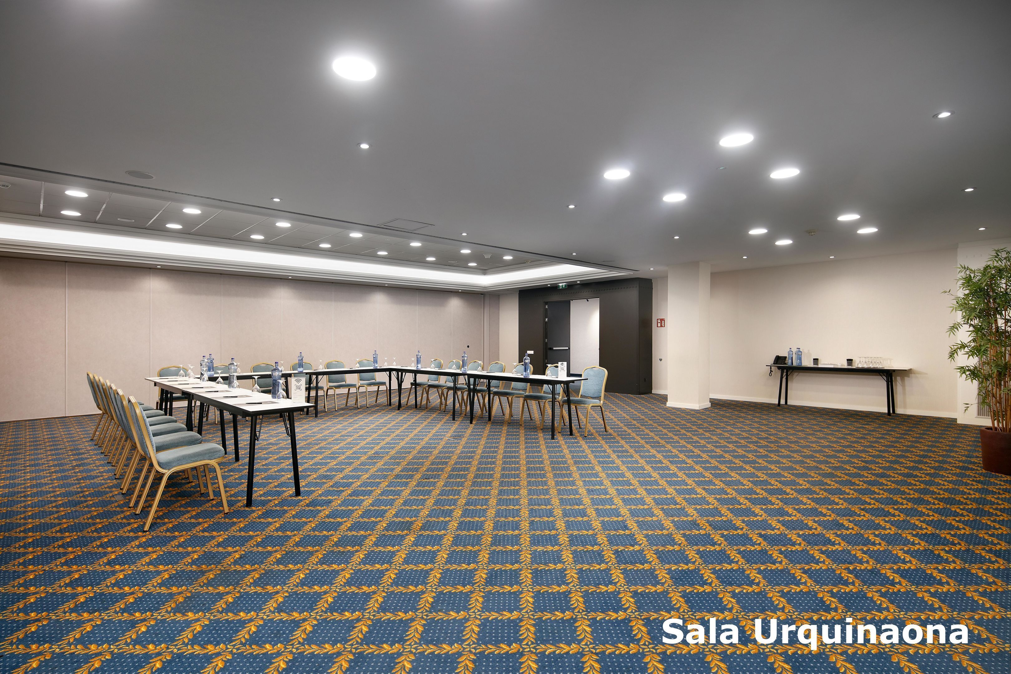A conference room with a blue patterned carpet, long tables with chairs, and a potted plant.