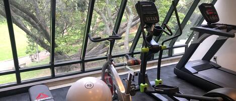 Une salle de sport équipée d’un rameur, d’un vélo d’appartement, d’un tapis de course et d’un banc Reebok.