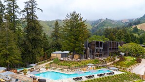 Un resort con piscina, mobiliario exterior y vistas al bosque circundante.