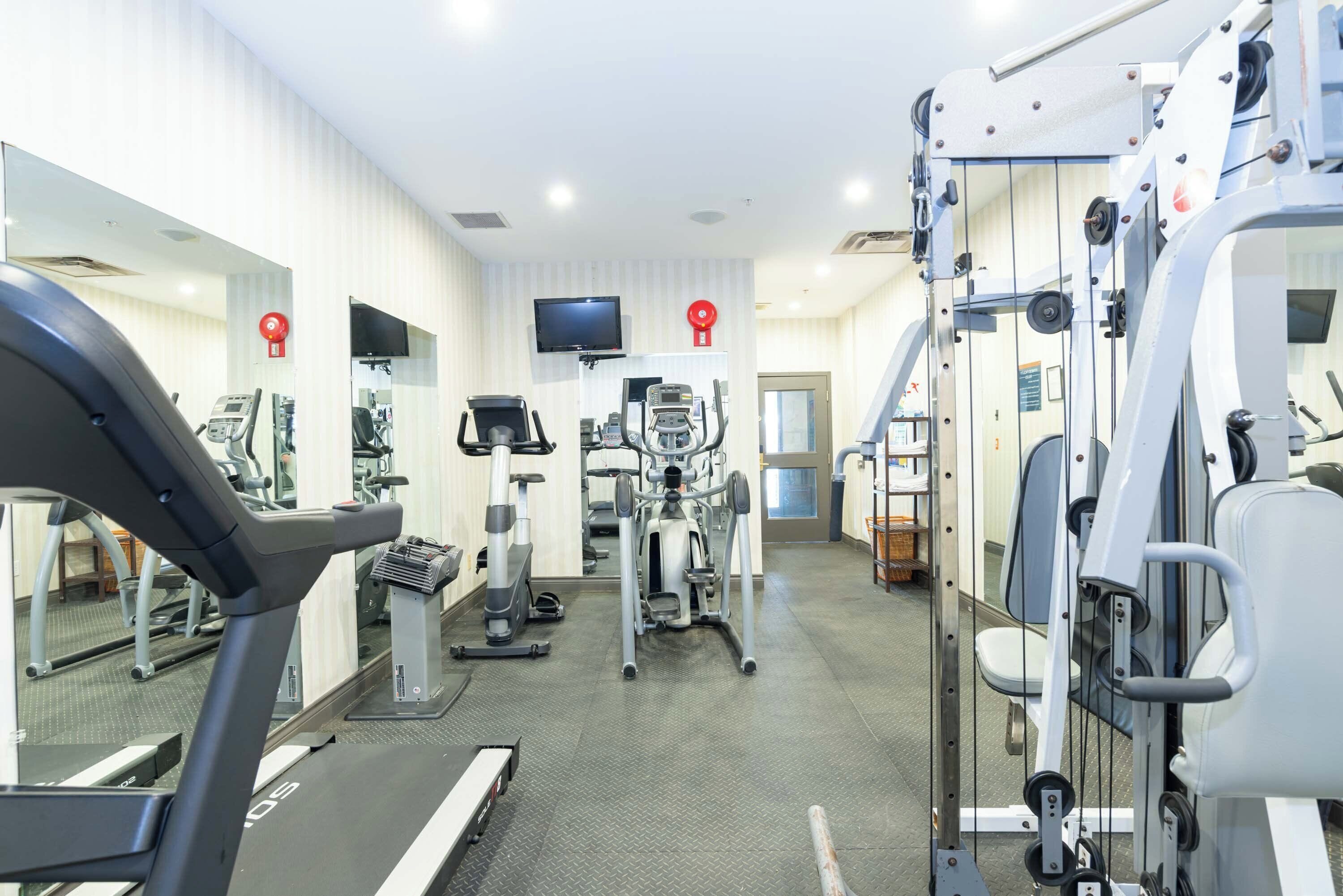 Una palestra con tapis roulant, cyclette ellittiche e attrezzature per pesi.