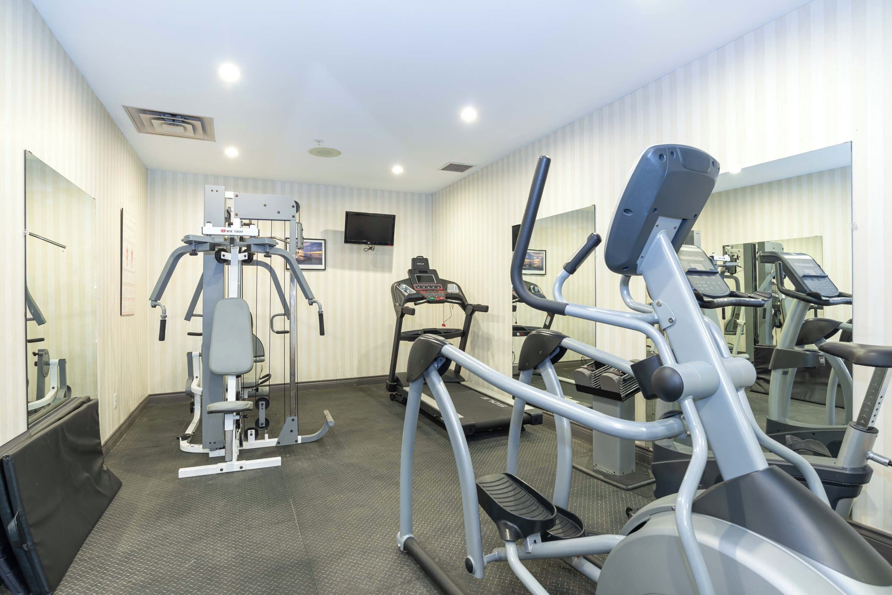 A gym with treadmills, weight machines, and a mirror.