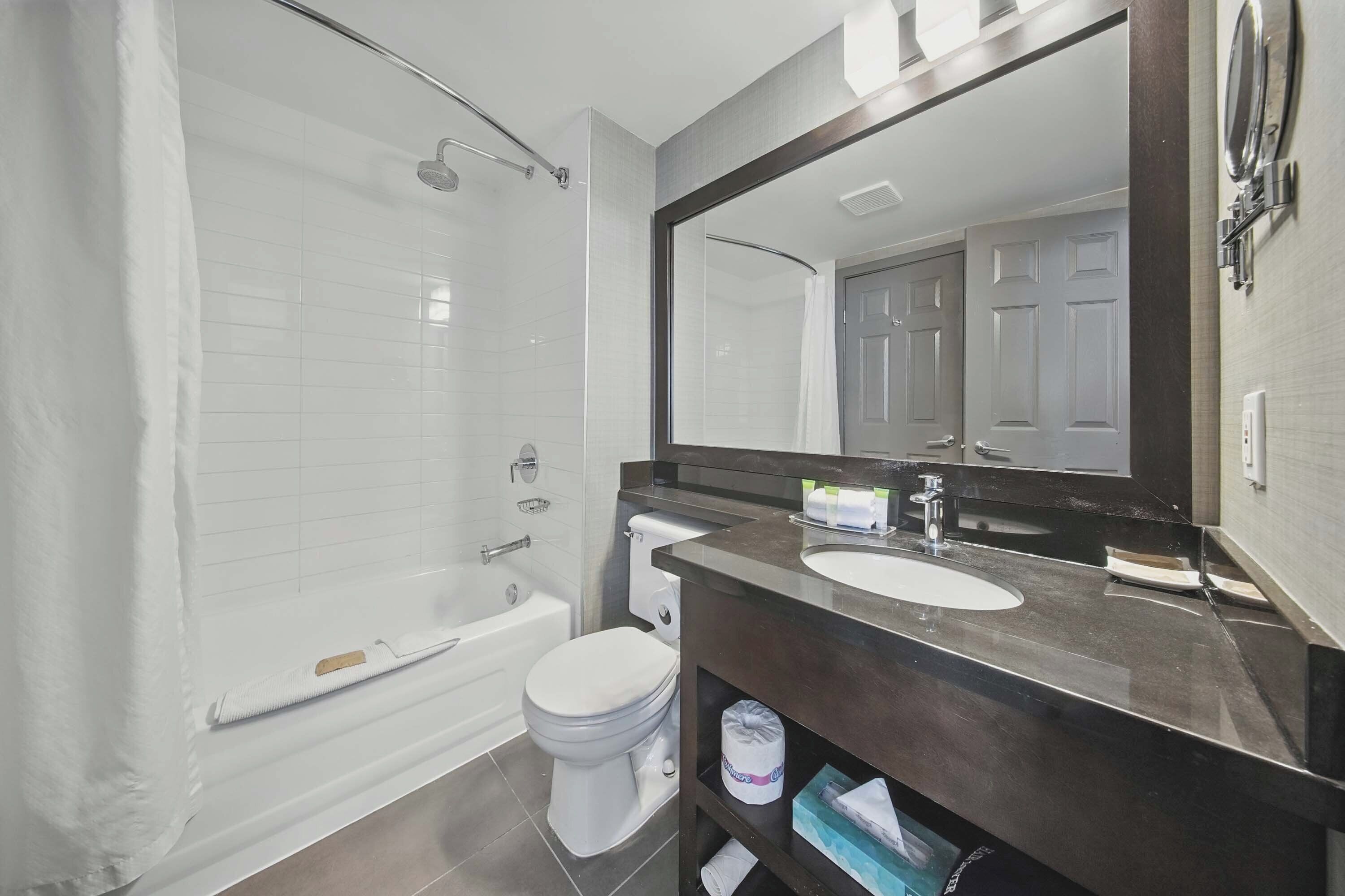Une salle de bain moderne avec une baignoire, des toilettes et un grand miroir au-dessus du lavabo.