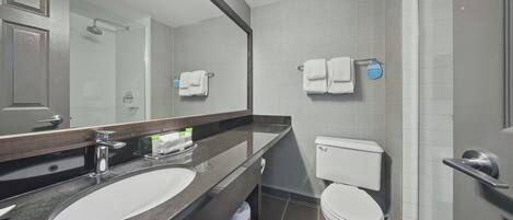 A modern bathroom with a large sink, mirror, and toilet.
