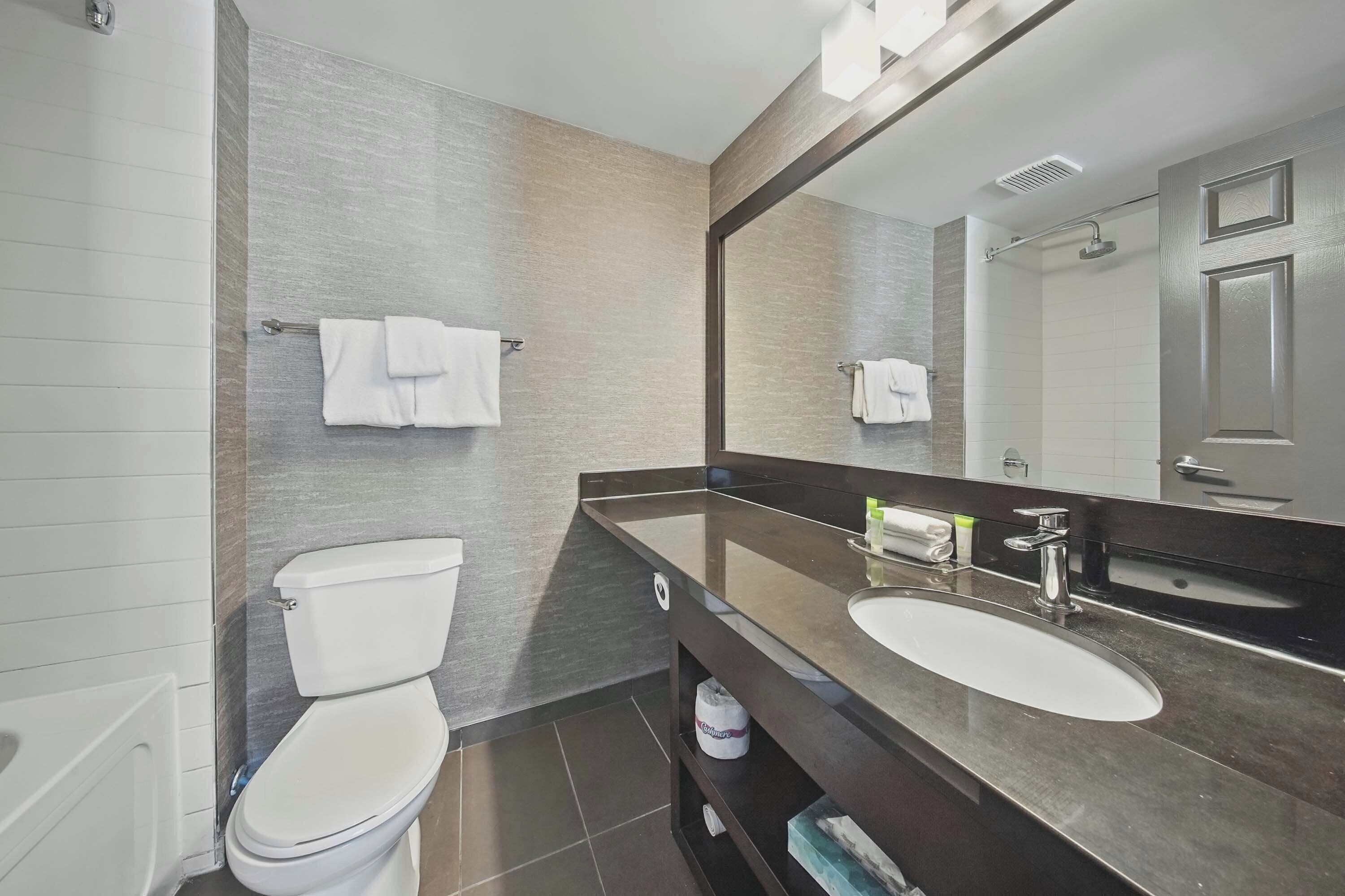 Ein modernes Badezimmer mit Toilette, Waschbecken und Spiegel.