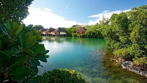 A tranquil lake with overwater bungalows, surrounded by lush greenery.