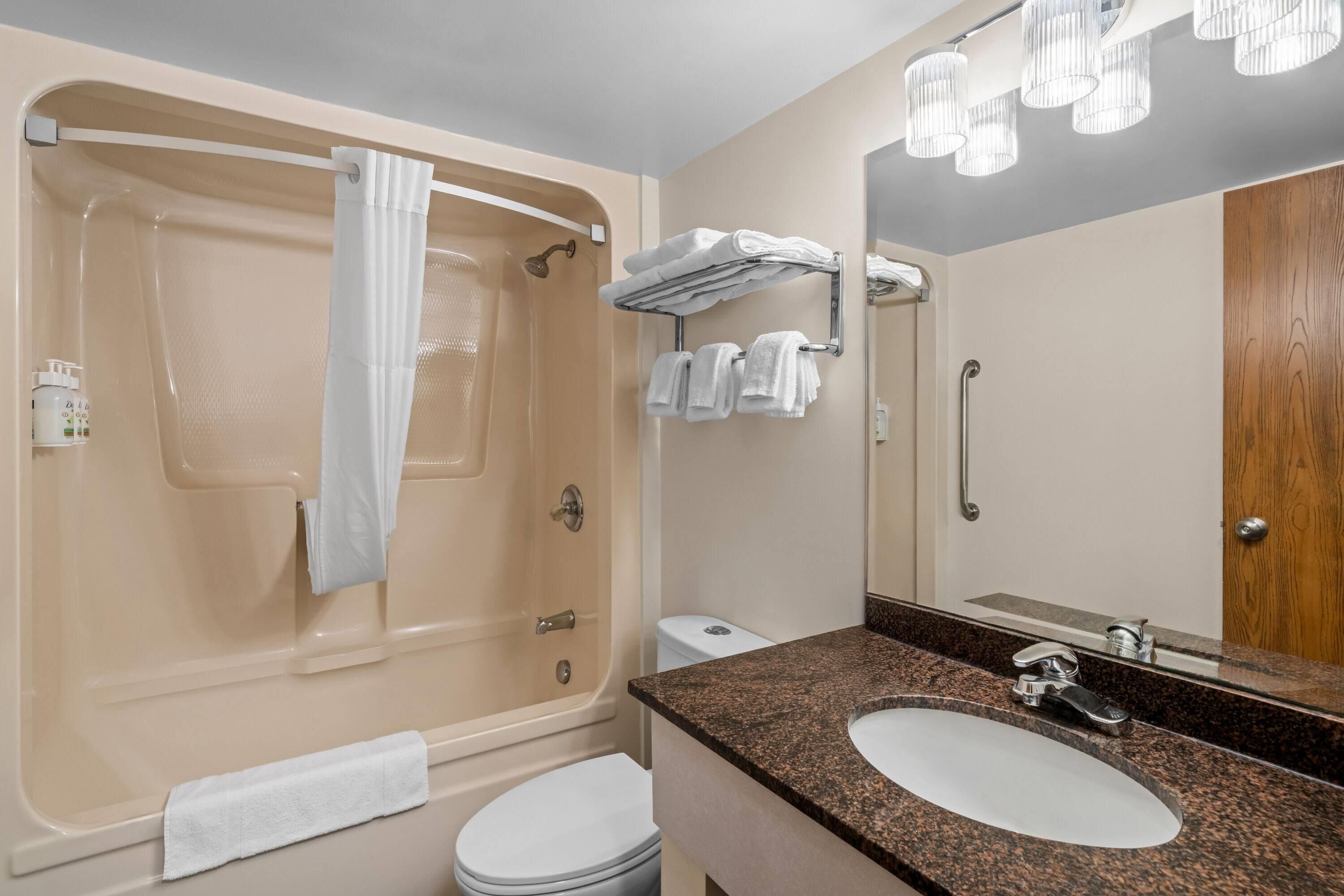 Une salle de bain avec une baignoire, des toilettes, un lavabo et un miroir.