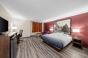Una habitación de hotel con cama, escritorio, silla, televisión y un cuadro en la pared.