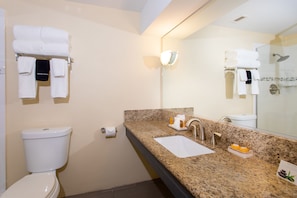 Shower, free toiletries, hair dryer, towels