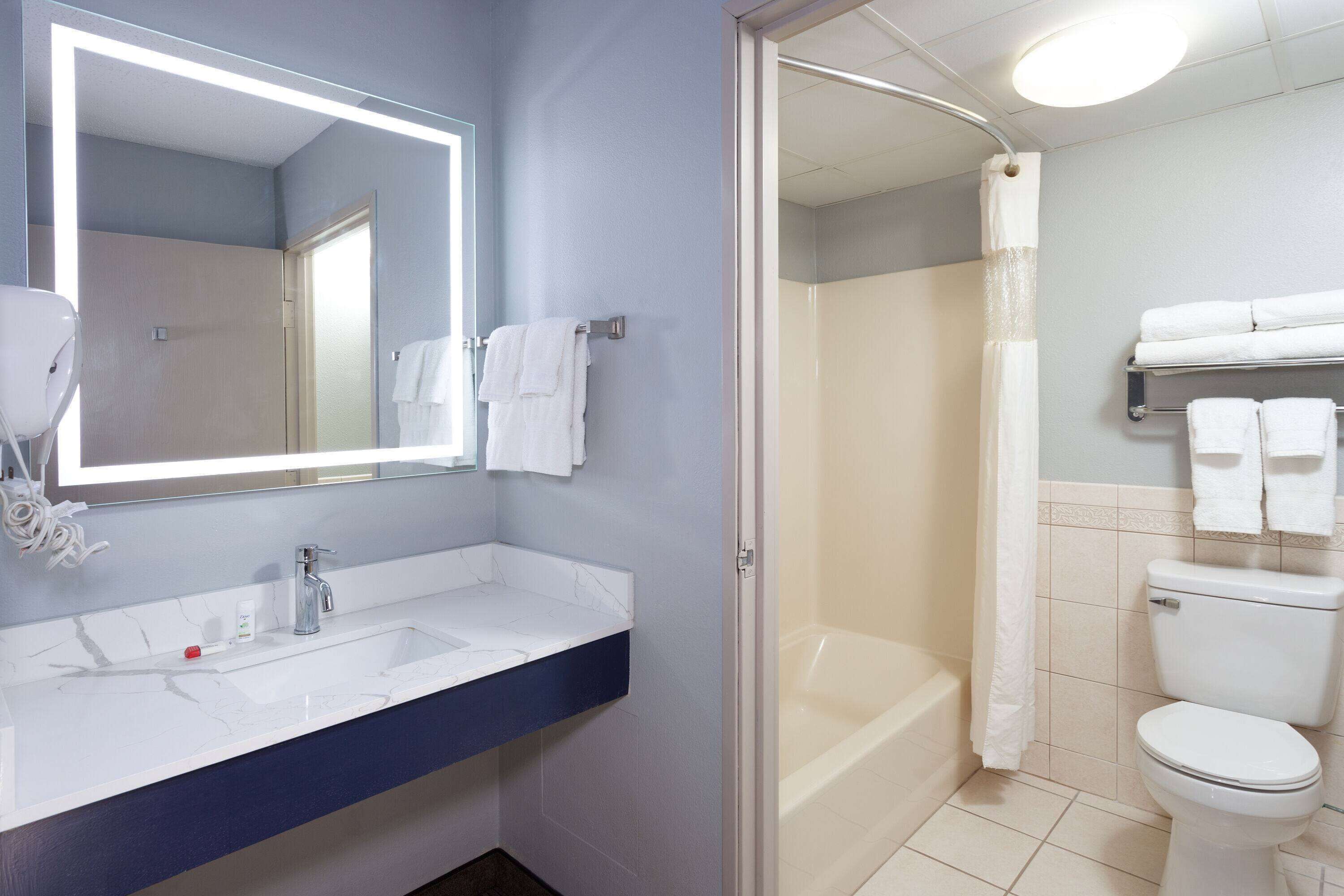 Un baño con lavamanos blanco, un espejo, ducha e inodoro.