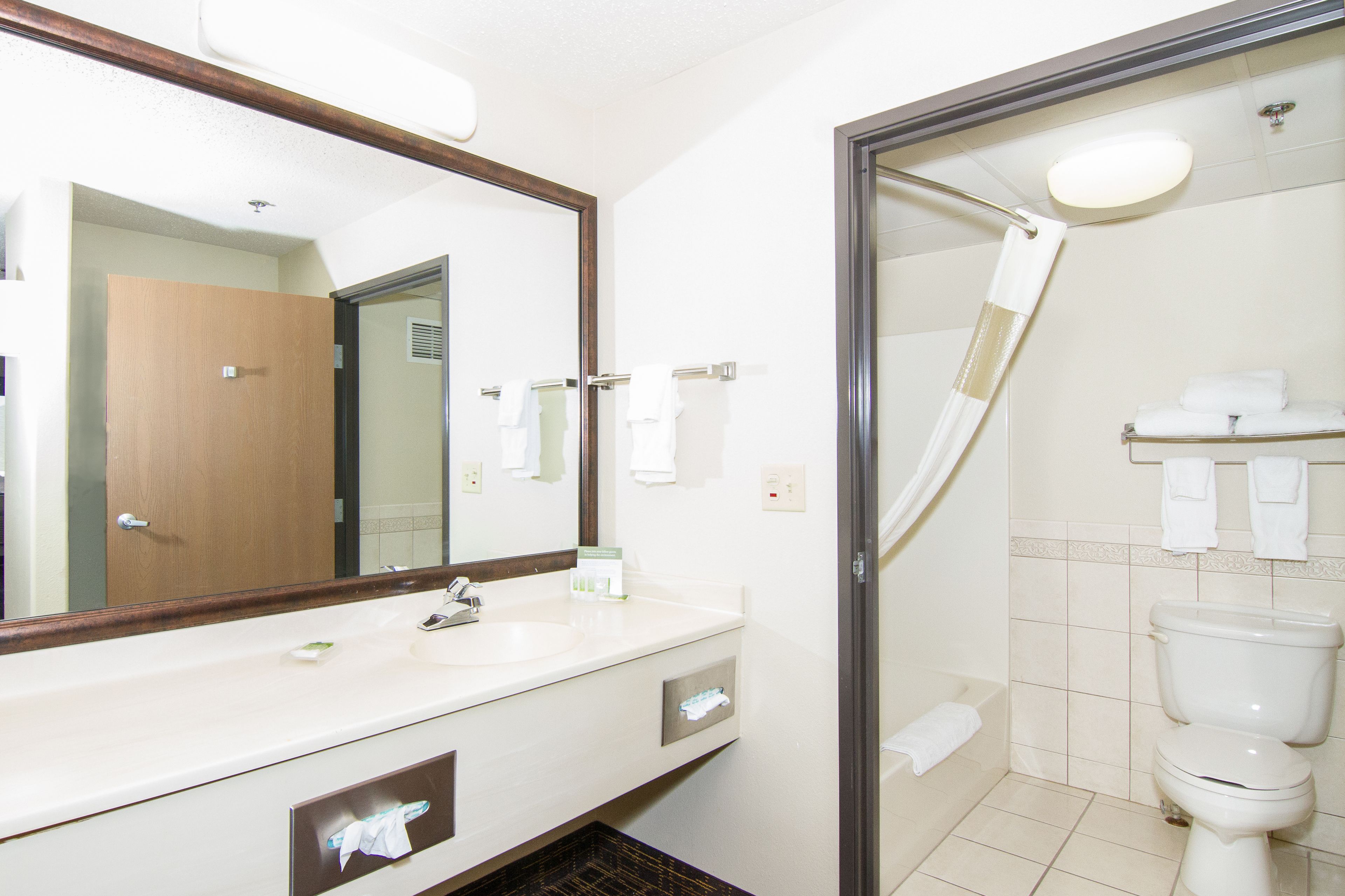 Une salle de bain d’hôtel avec un grand miroir, un lavabo, des toilettes et une douche.