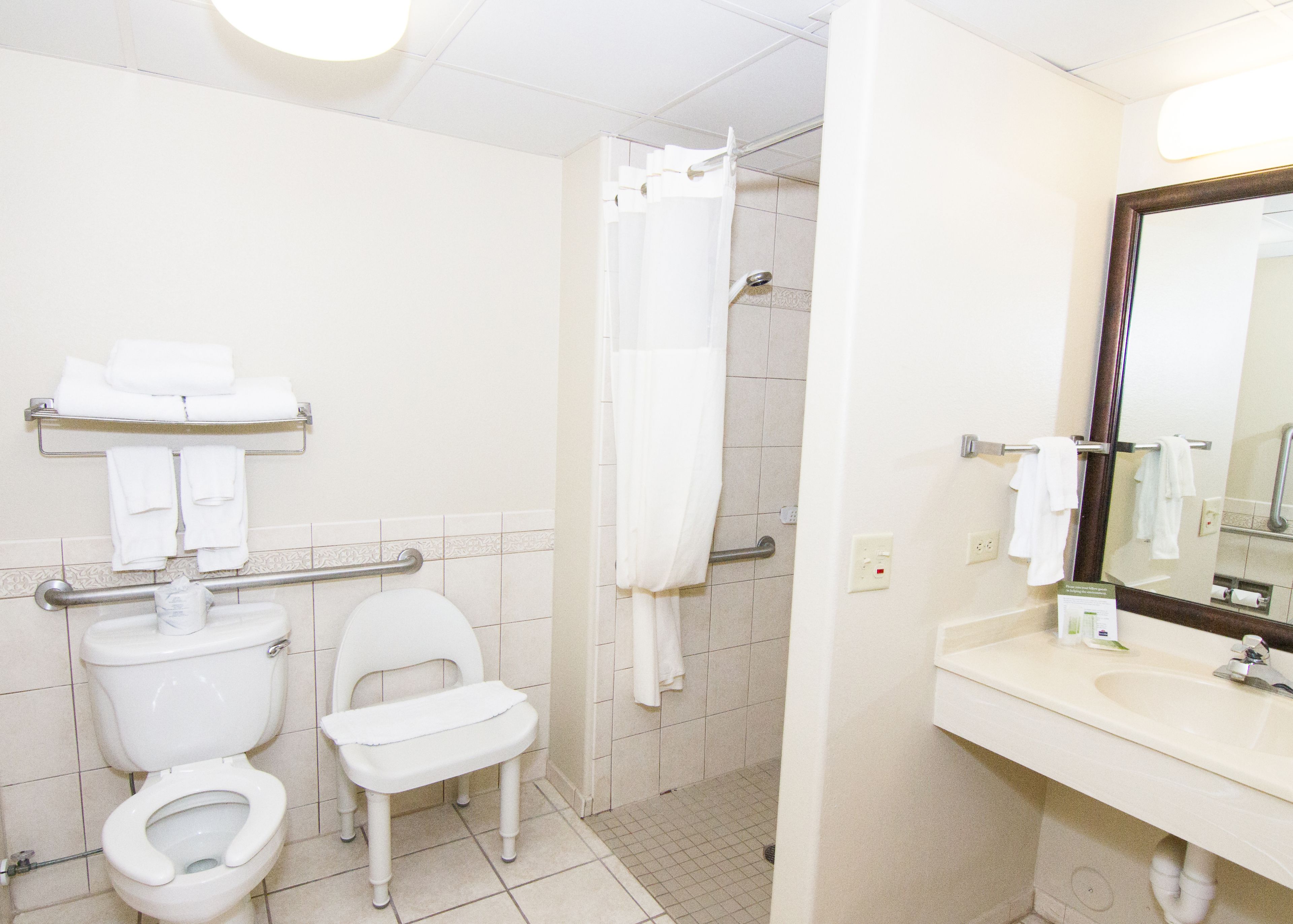 A bathroom with a toilet, a sink, a mirror, and a shower.