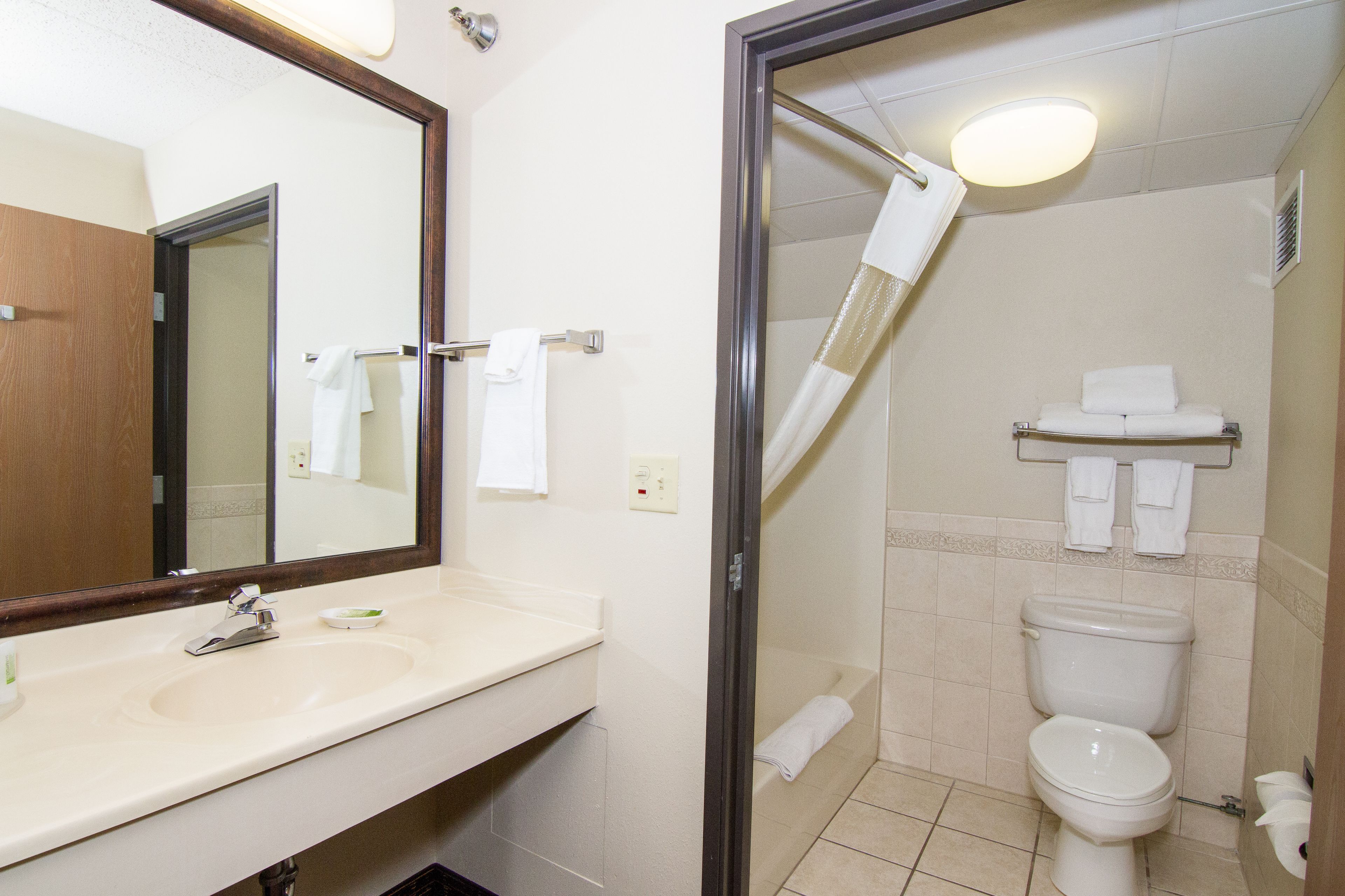 A bathroom with a sink, mirror, toilet, and shower.