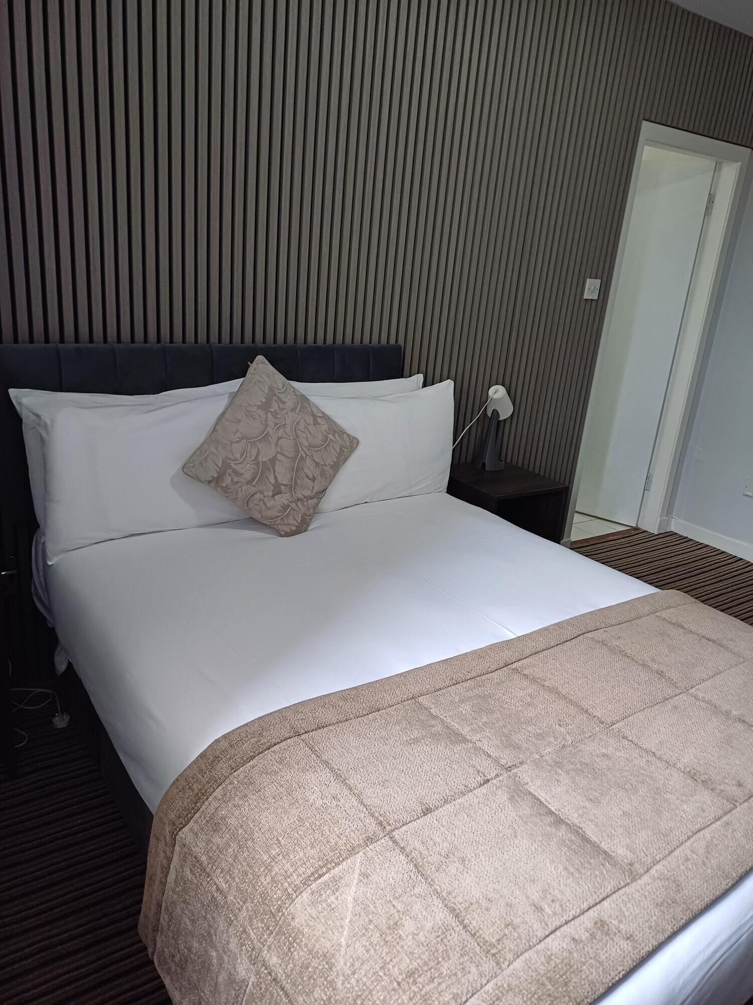 A hotel room with a large bed, a dark headboard, a patterned pillow, a bedside table with a lamp, and a striped carpet.