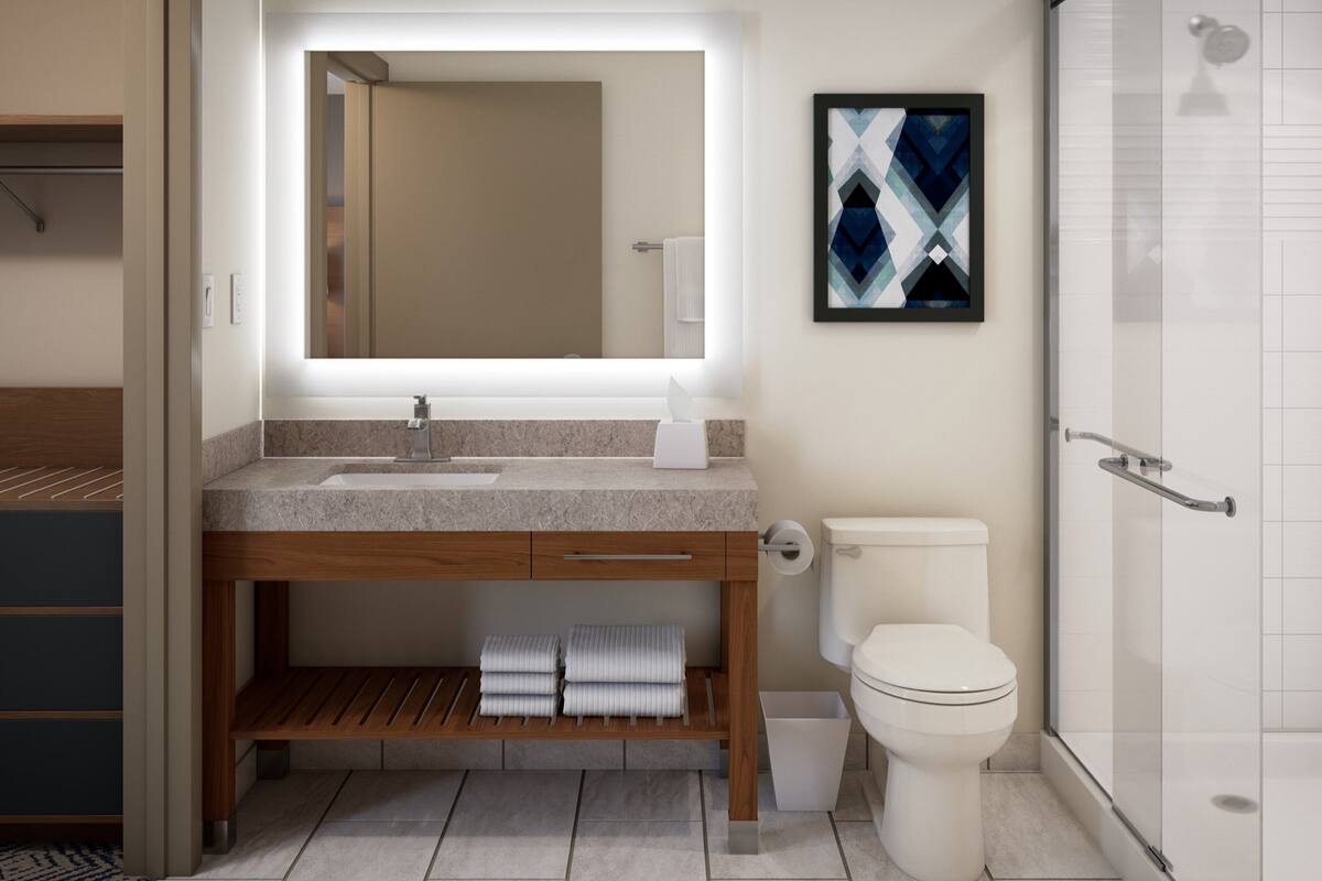 Une salle de bain moderne avec un grand miroir, un lavabo, des toilettes et une douche.