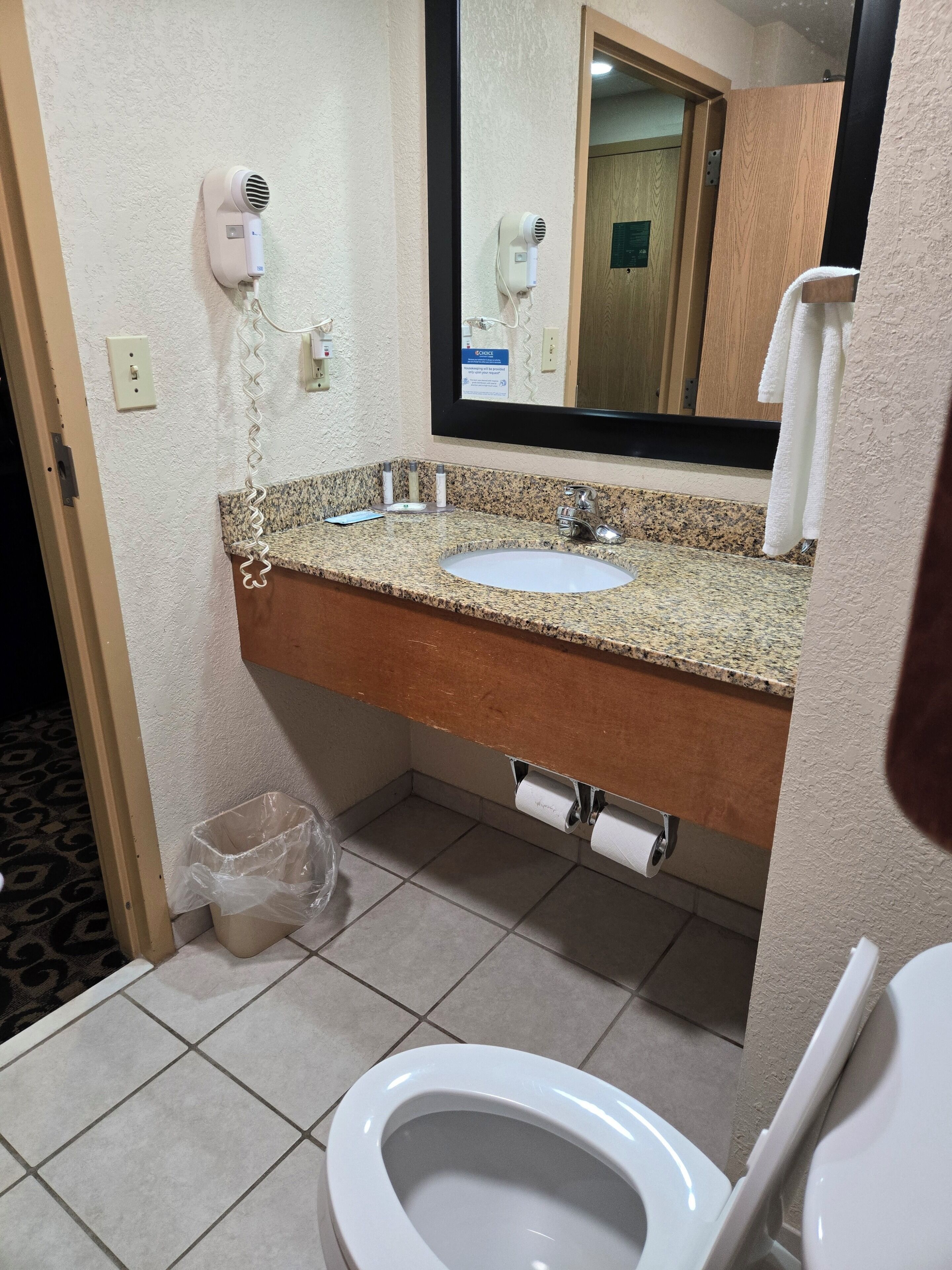 Un baño con lavamanos, espejo, secador de pelo e inodoro.