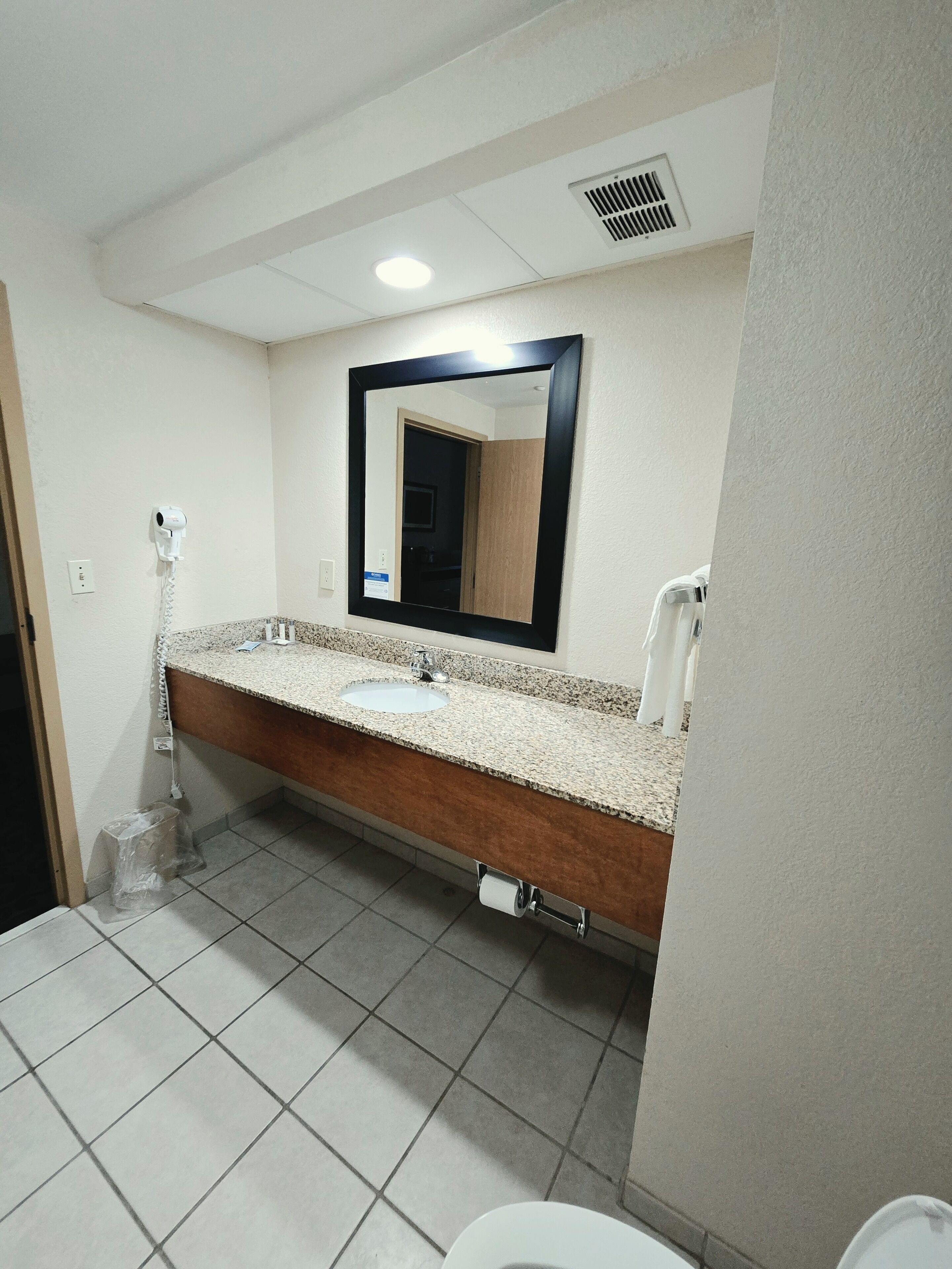 Un baño con lavamanos, espejo e inodoro.