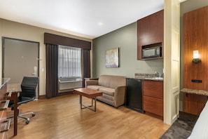 Desk, laptop workspace, blackout curtains, iron/ironing board