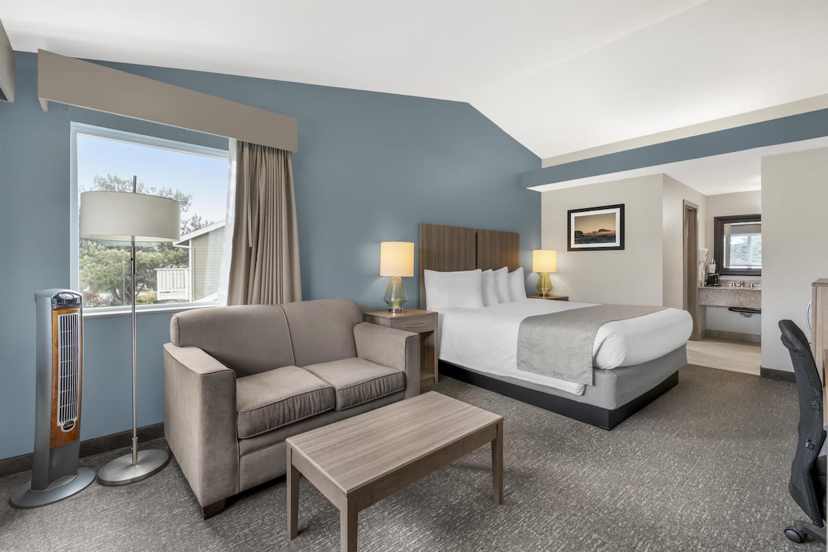 Una habitación de hotel con cama, sofá, escritorio, lámpara y ventana.